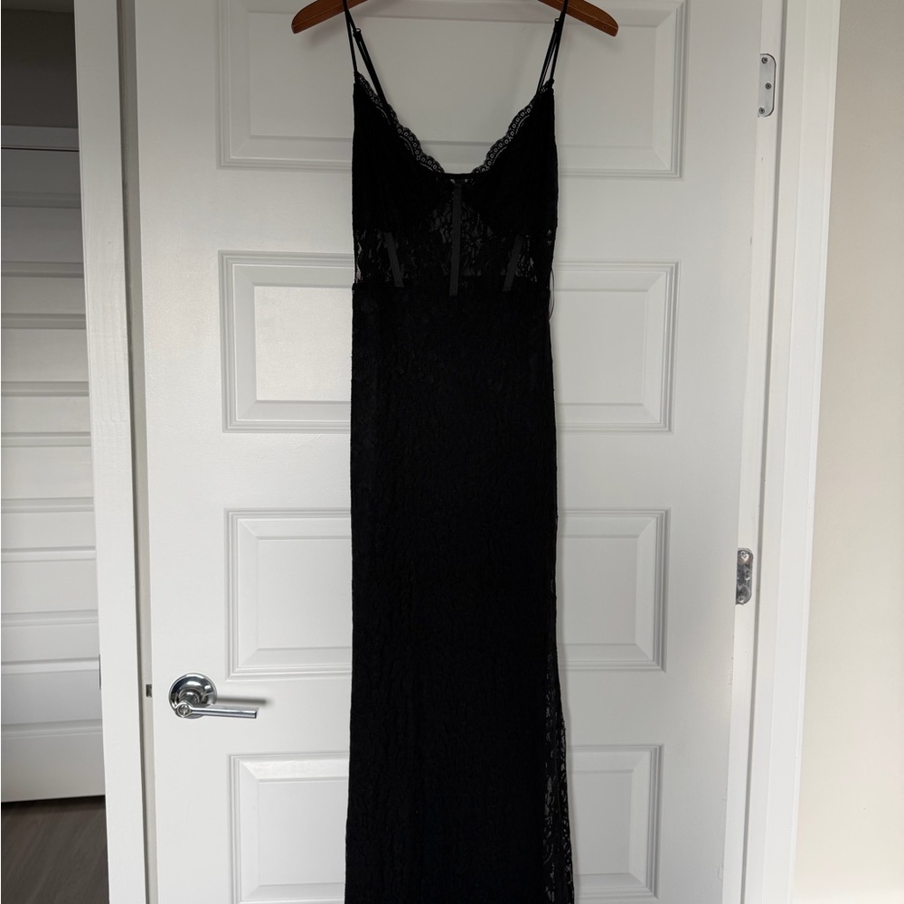 Aqua Black Floral Lace Slip Dress